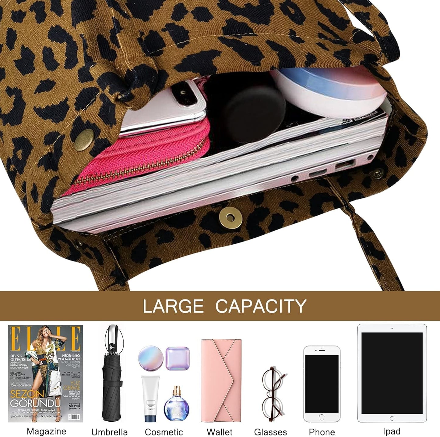 Ayieyill Corduroy Tote Bag Large for Women Girl Lady Canvas Shoulder Cord Purse and Handbags with Inner Pocket
