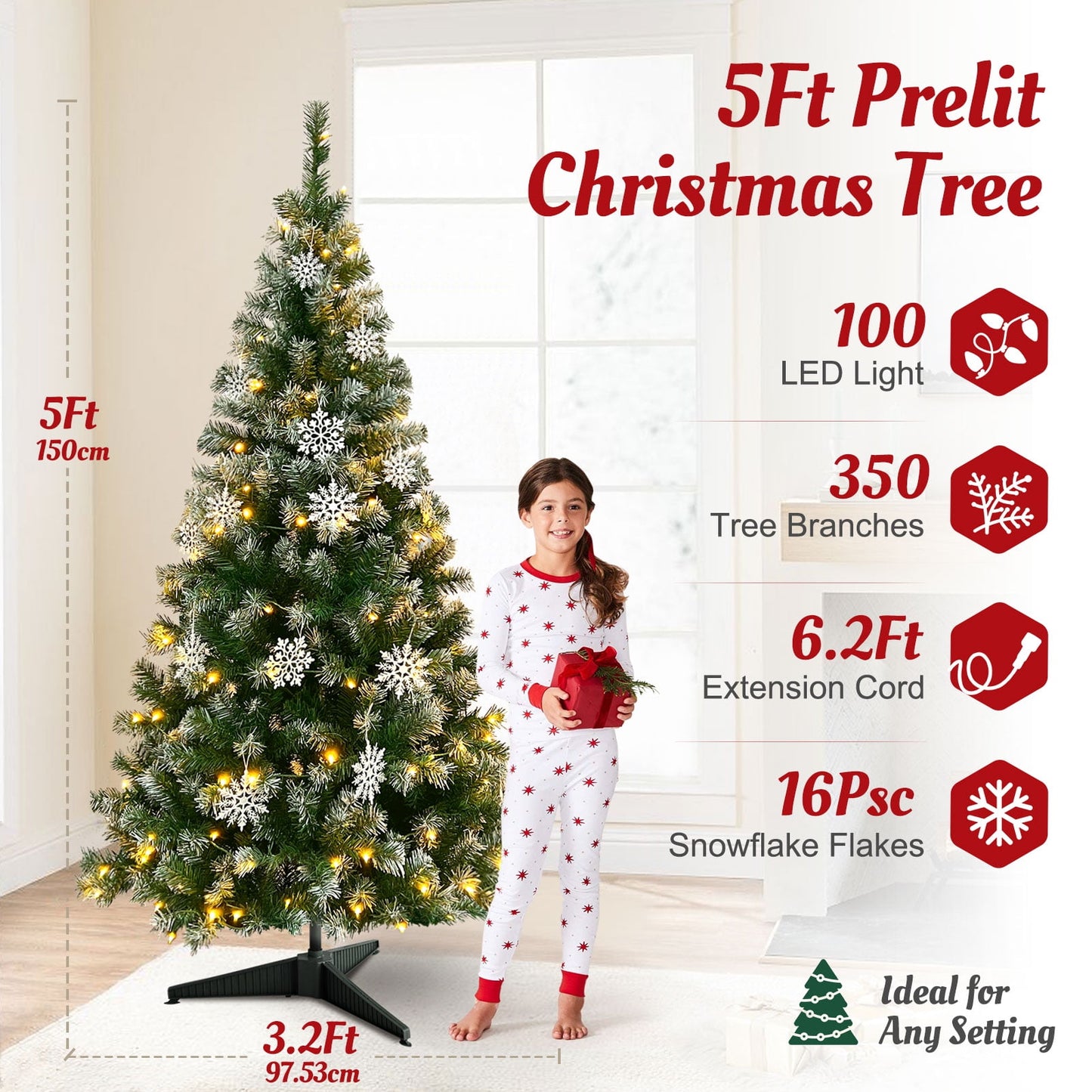 Ayieyill 7.5 ft Pre-Lit Artificial Christmas Tree with 1000 Snow Sprayed Tips 300 LED Lights 36 Snowflakes Ornaments