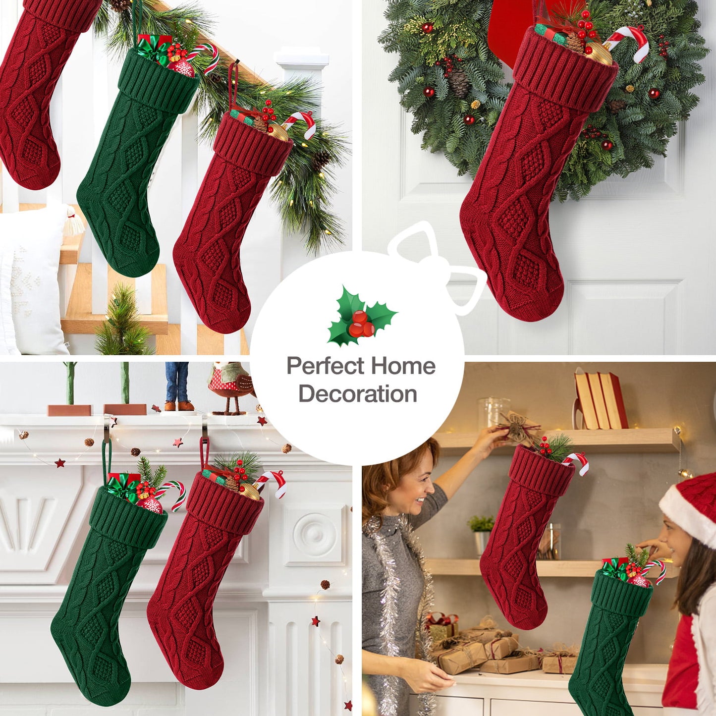 Ayieyill 6 Pcs Christmas Stockings Knitted Xmas Stockings Double-Sided 18 Inches Fireplace Stockings for Family Christmas Decorations