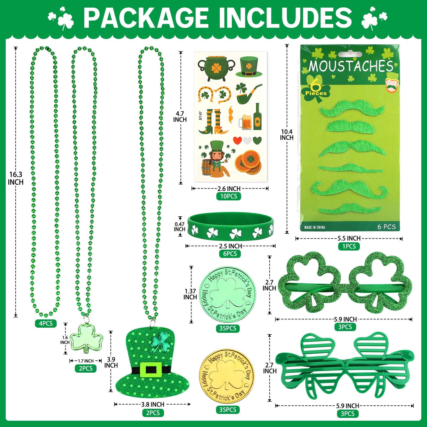 Ayieyill 196 Pcs St. Patrick's Day Party Favors Set, Green Shamrock Necklaces Sunglasses, Bracelets Temporary Tattoos Mustaches Coins
