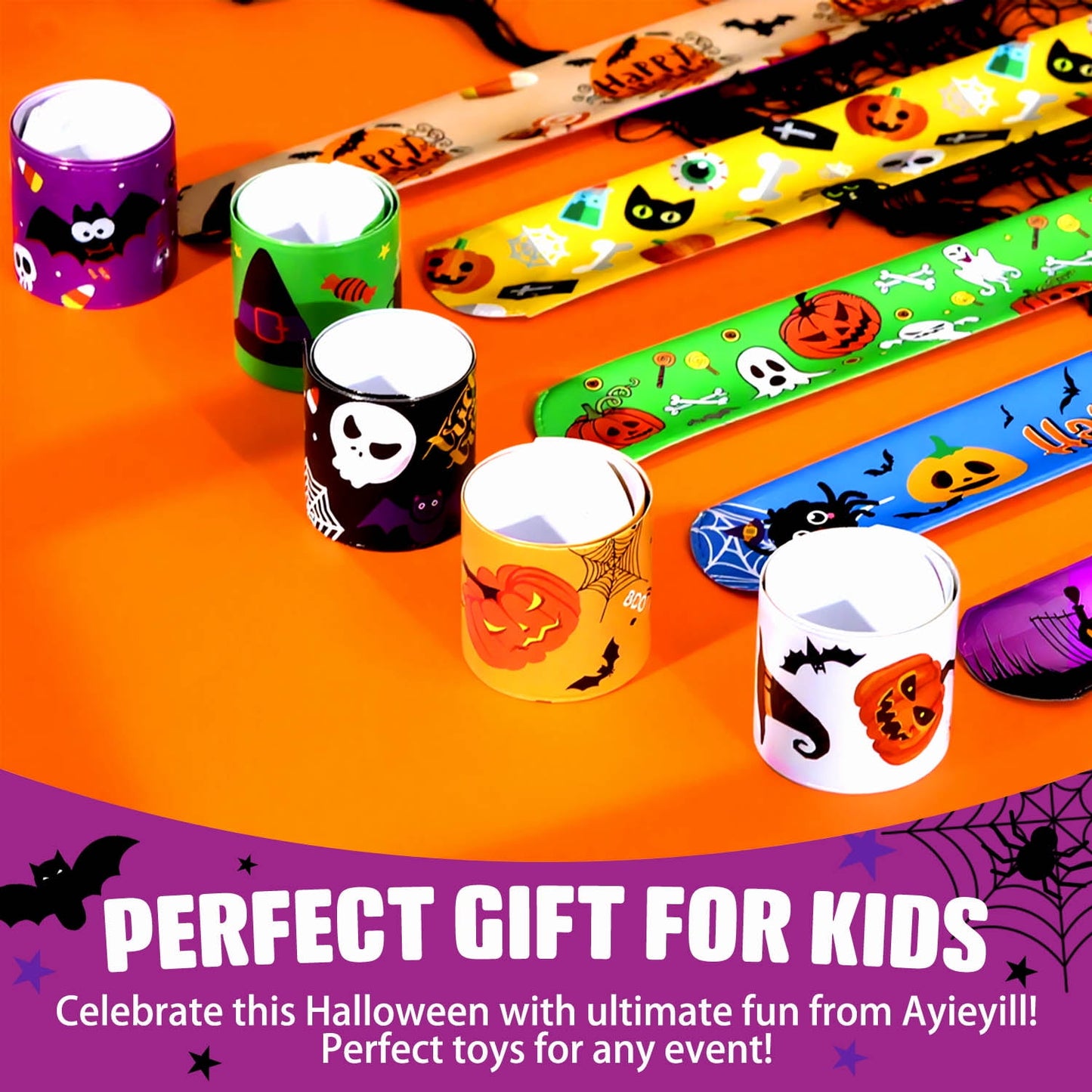 Ayieyill 36 PCS Halloween Slap Bracelets for Kids, Halloween Bracelets Bulk for Girls Boys, Kids Halloween Toys for Halloween Party Favors