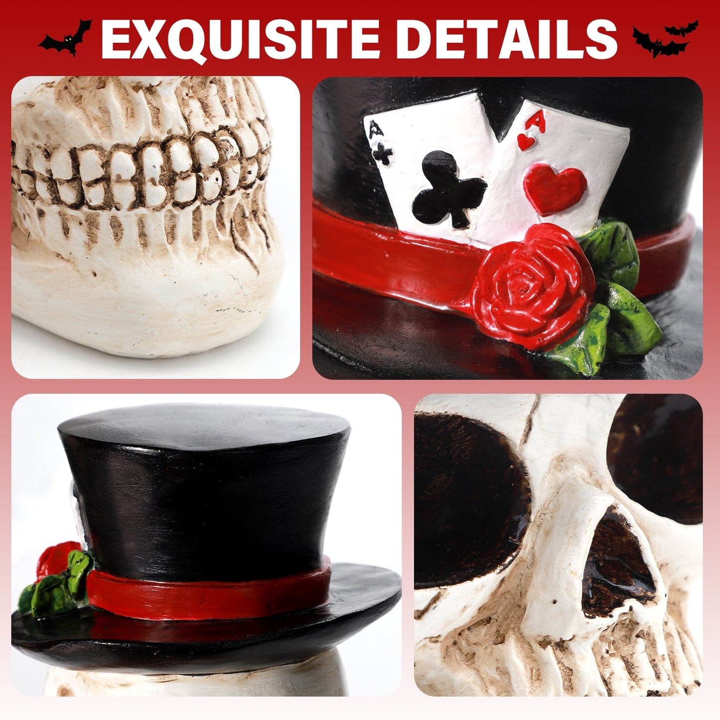 Ayieyill Halloween Skull Decorations Indoor, Gothic Decor Skull  with Top Hat Rose and Playing Cards, Resin Skull Head Decor