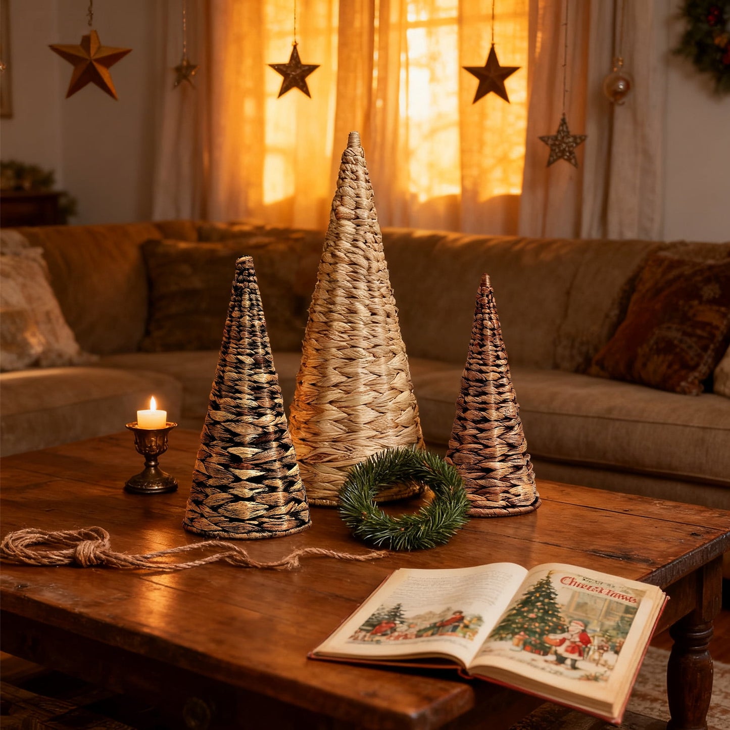 Ayieyill 3pcs Wicker Christmas Tree Tabletop Christmas Decor Farmhouse Christmas Decor Rustic Xmas Decorations, Natural