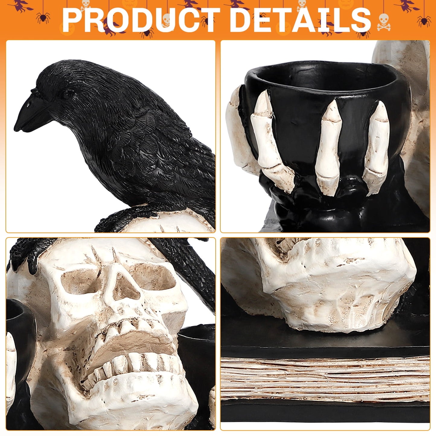 Ayieyill Halloween Skull Decorations with LED Lights, Halloween Candlesticks, Raven Decor, Halloween Decor