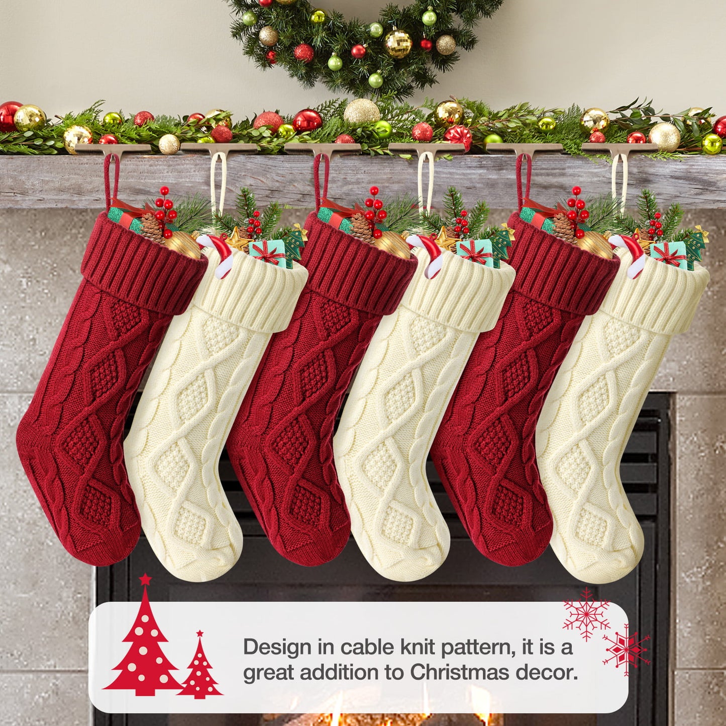 Ayieyill 6 Pcs Christmas Stockings Knitted Xmas Stockings Double-Sided 18 Inches Fireplace Stockings for Family Christmas Decorations