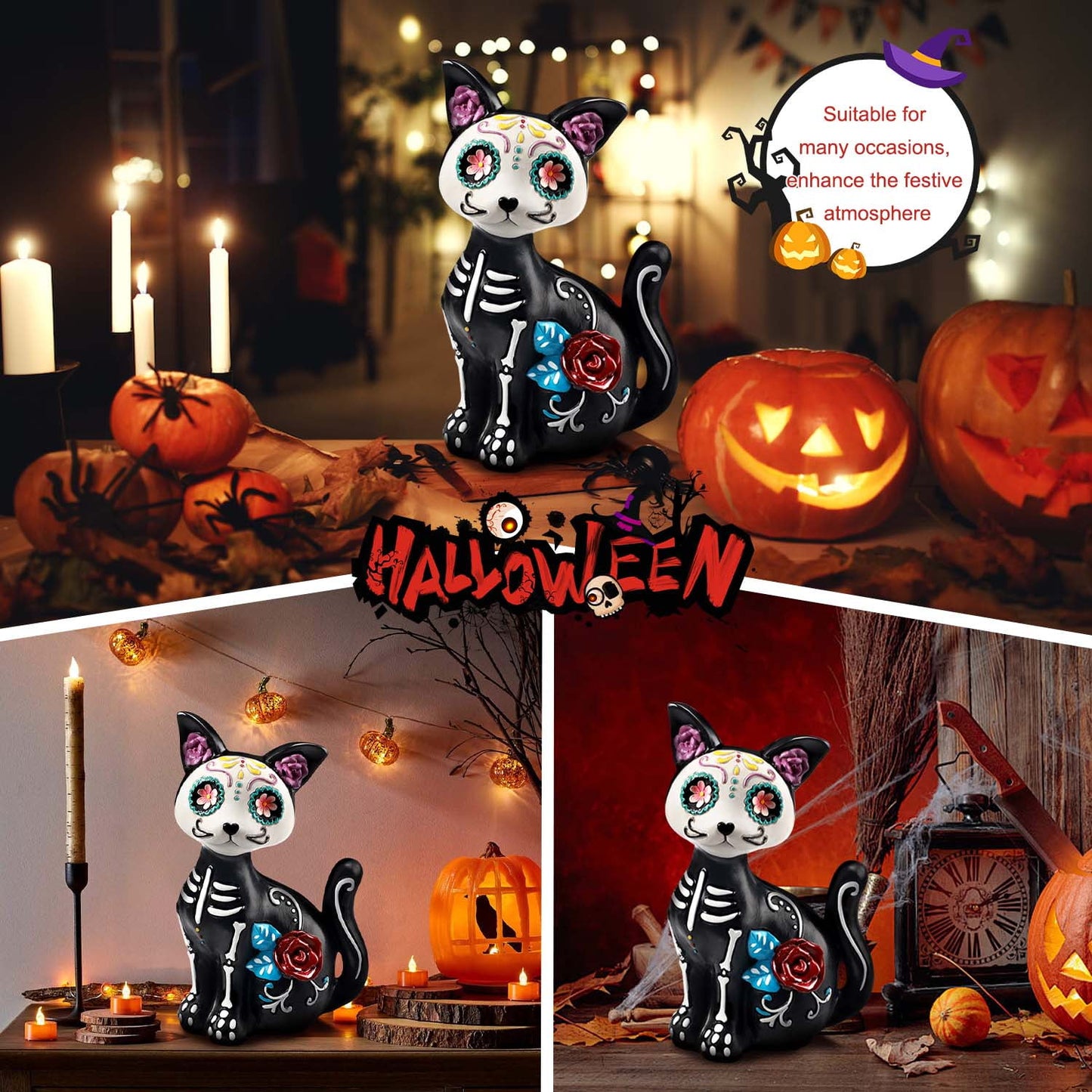 Ayieyill Day of the Dead Cat Figurine, Sugar Skull Halloween Decorations Indoor, Dia de los Muertos Decor