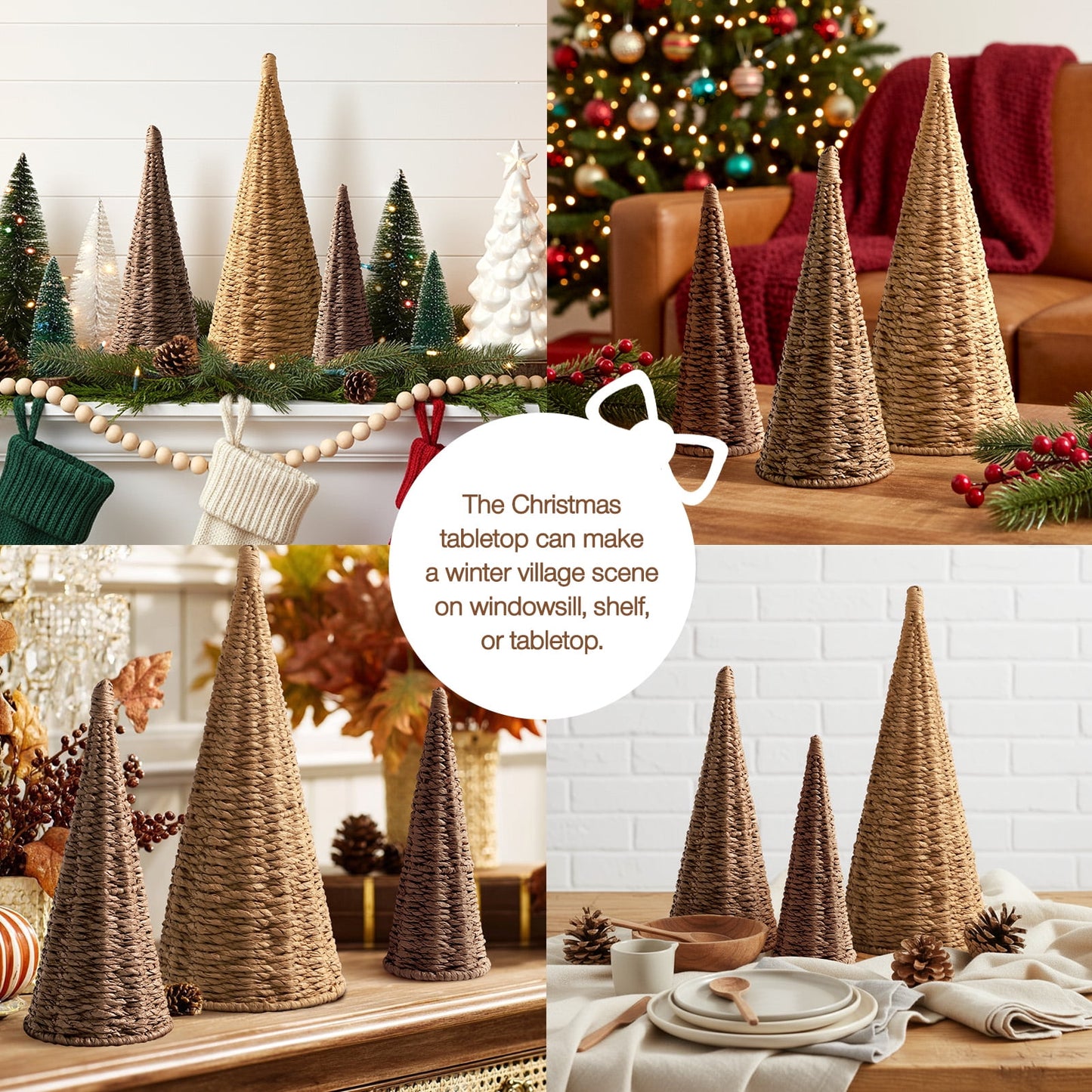 Ayieyill 3pcs Wicker Christmas Tree Tabletop Christmas Decor Farmhouse Christmas Decor Rustic Xmas Decorations, Natural