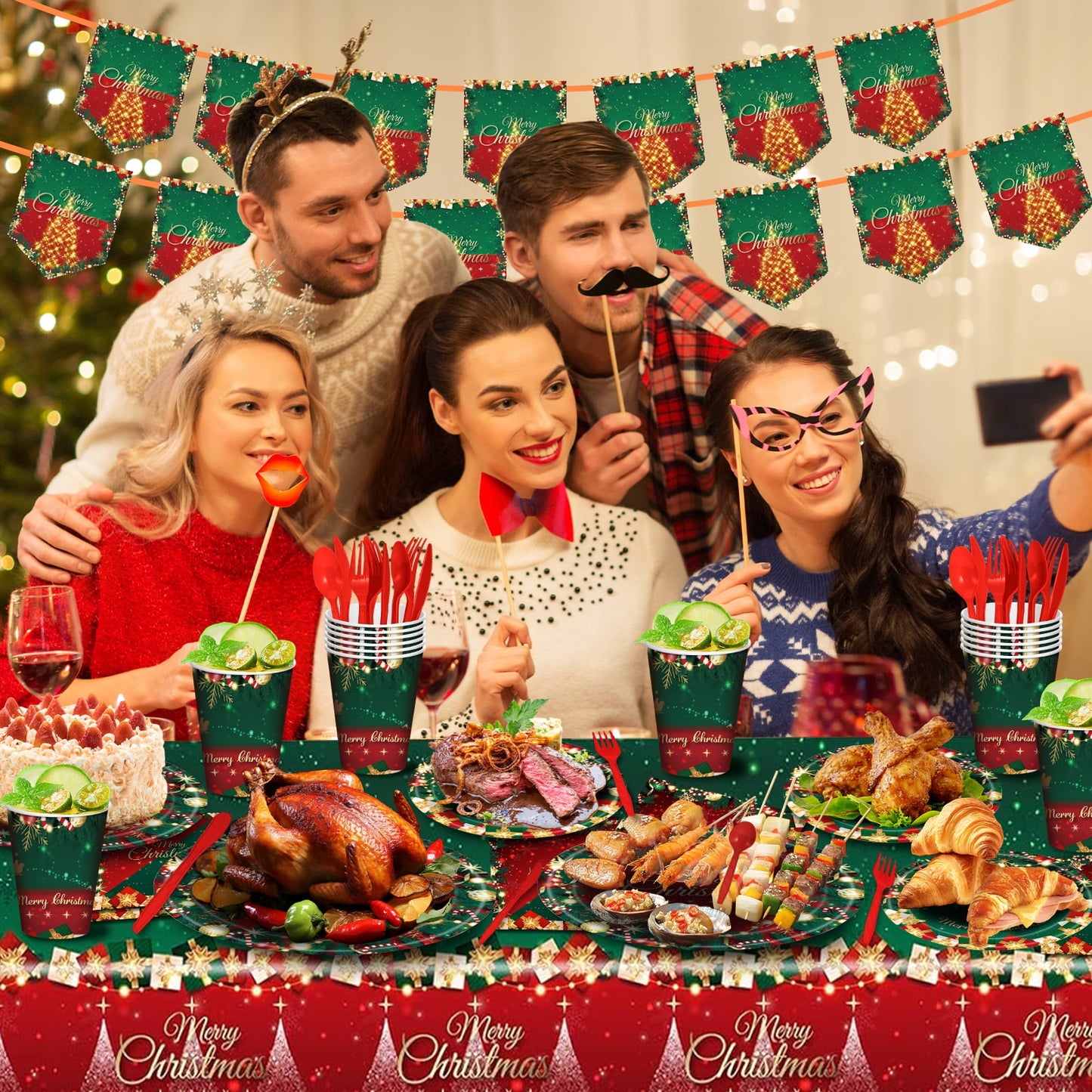 Ayieyill 170Pcs Christmas Party Supplies, Christmas Disposable Dinnerware Set for 24 Guests, Merry Christmas Theme Holiday Tableware Decorations Kit