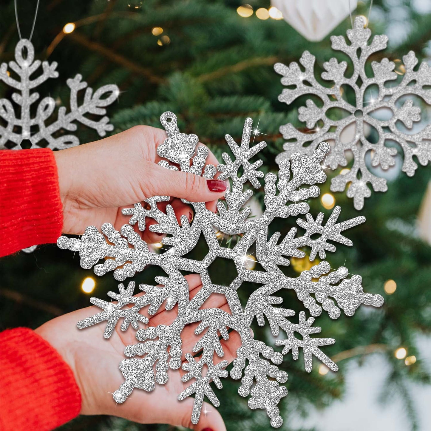 Ayieyill 6pcs Large White Snowflakes Decorations, 12” Big Plastic Glitter Snowflake for Winter Indoor Outdoor Christmas Tree Decorations Giant Craft Snowflakes