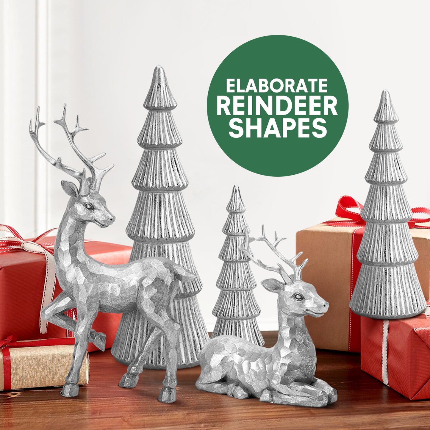 Ayieyill 5PCS Christmas Tree Resin Reindeer Figurines, Tree and Deer Christmas Decor, Deer Decorative Statues Resting Lucky Deer Sculptures(Rose Gold)
