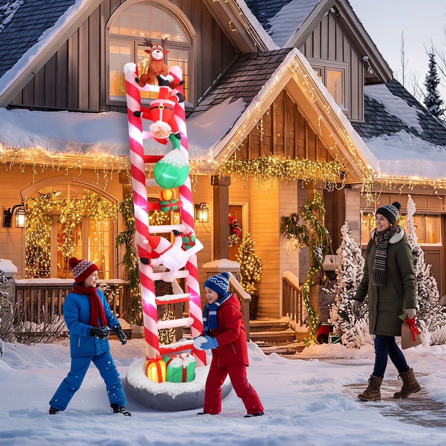 Ayieyill 10FT Christmas Inflatables Outdoor Decoration, Giant Ladder to Chimney Climbed with Reindeer Santa Snowman for Christmas Blow up Yard Decorations