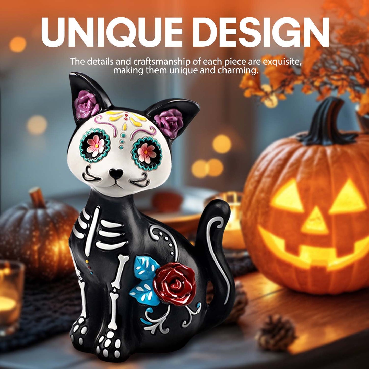 Ayieyill Day of the Dead Cat Figurine, Sugar Skull Halloween Decorations Indoor, Dia de los Muertos Decor