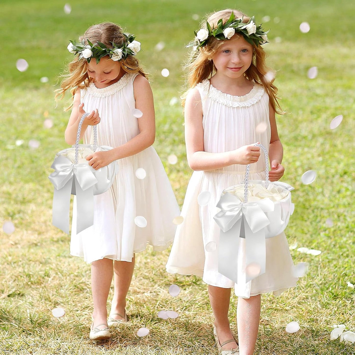 Ayieyill Wedding Baskets for Flower Girls with Pearl Handle Flower Girl Basket for Wedding Party (with 200 Petals)