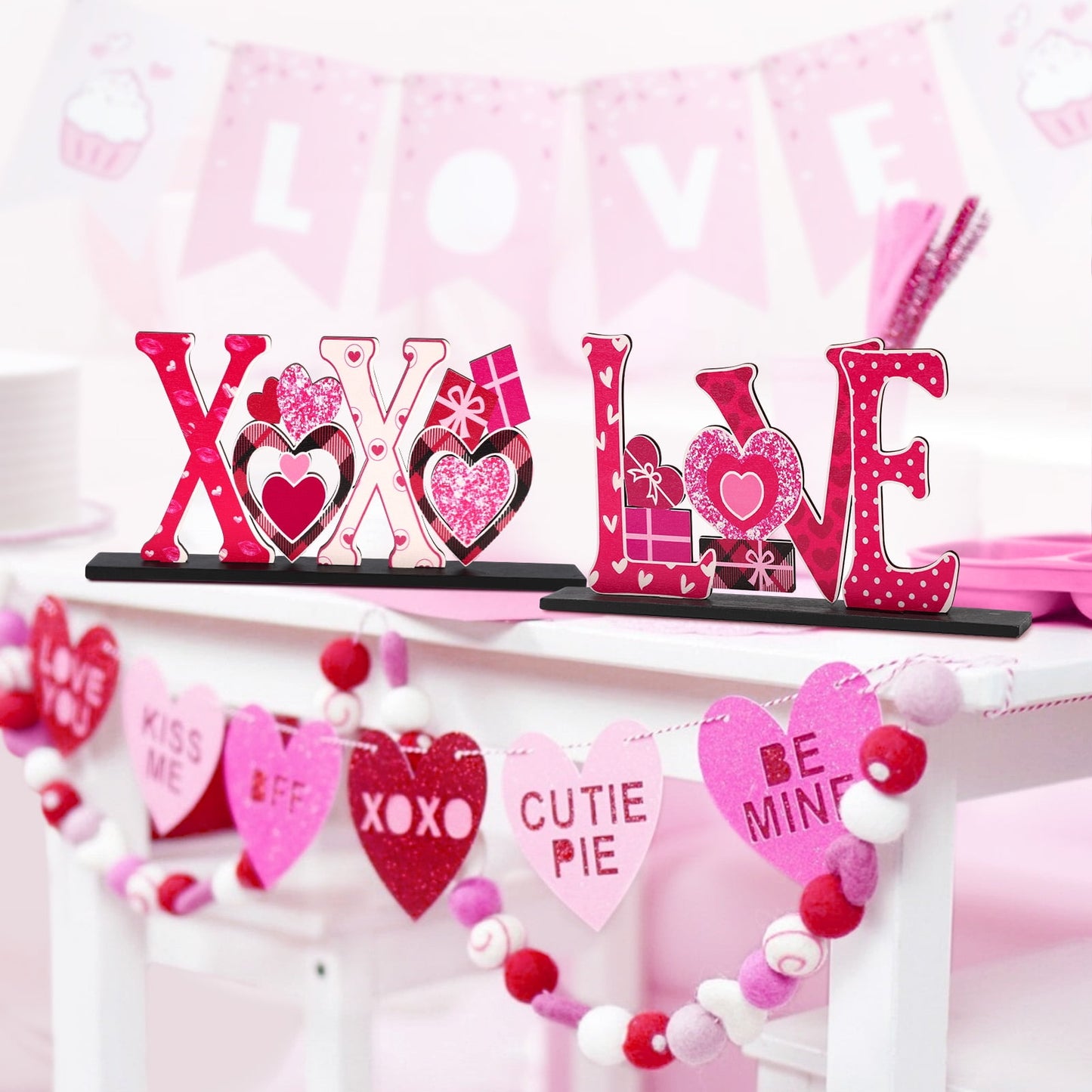 Ayieyill 4 Pcs Valentine's Day Decorations Love Wooden Table Sign, Romantic Tabletop Centerpiece Signs Ornaments