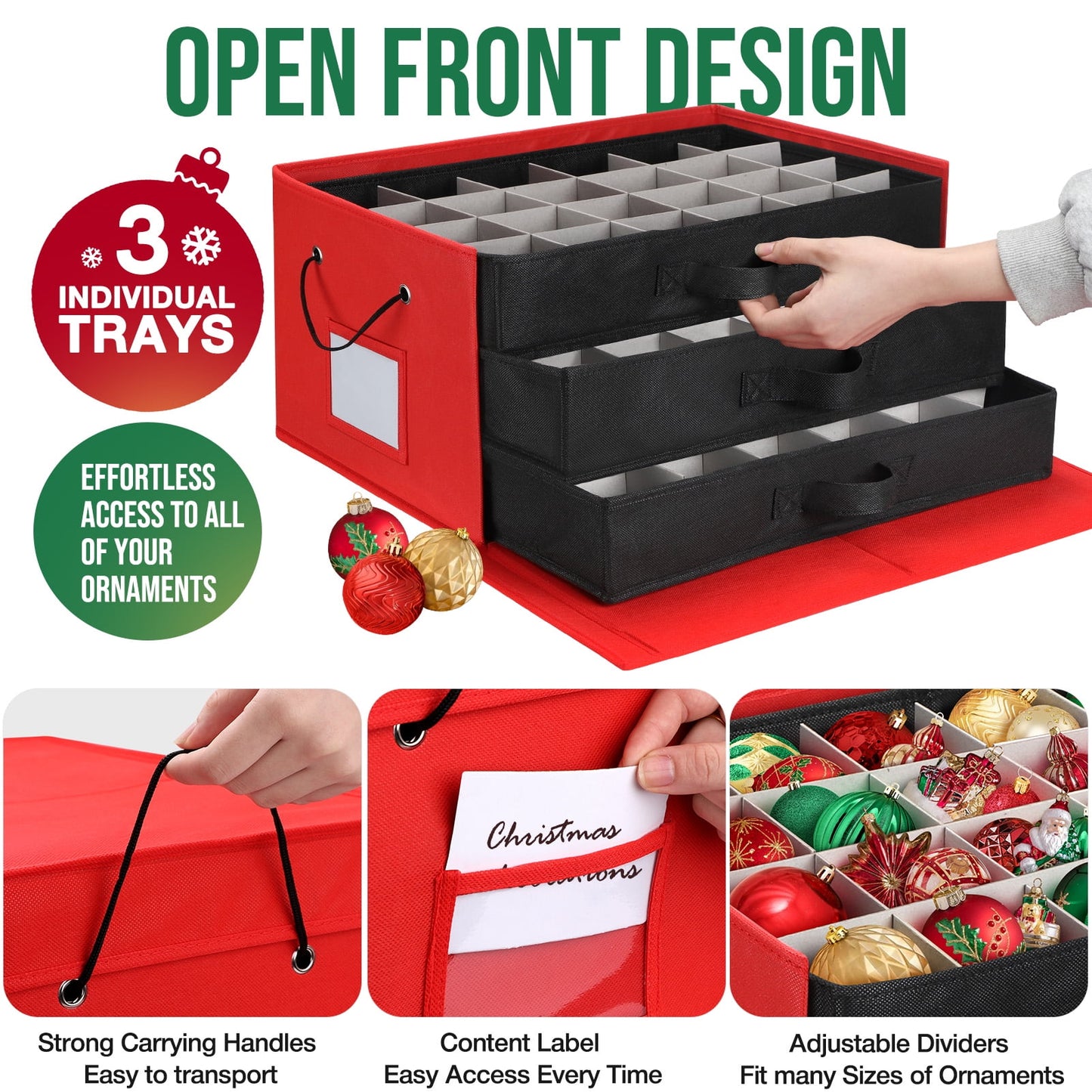 Ayieyill Premium Large Christmas Ornament Storage Box, Christmas Ornament Organizer, with Side Open, 3 Removable Trays - Keeps 72 Holiday Ornaments
