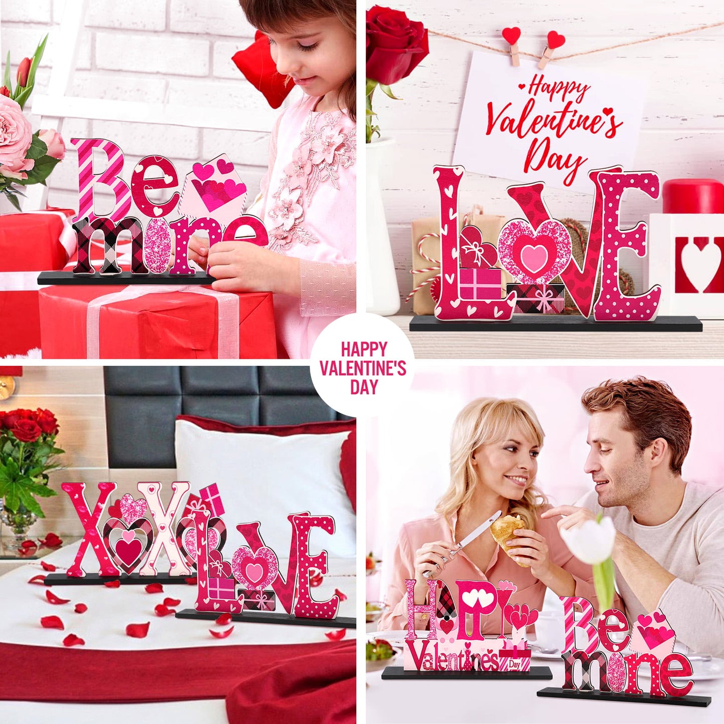 Ayieyill 4 Pcs Valentine's Day Decorations Love Wooden Table Sign, Romantic Tabletop Centerpiece Signs Ornaments