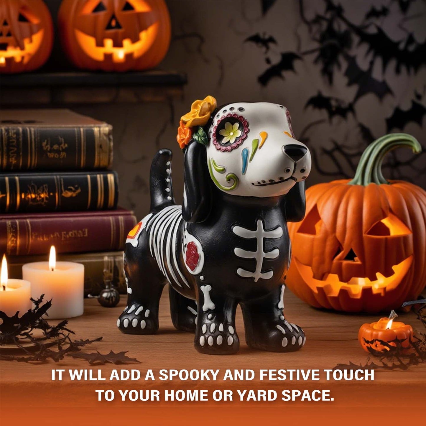 Ayieyill Day of the Dead Cat Figurine, Sugar Skull Halloween Decorations Indoor, Dia de los Muertos Decor