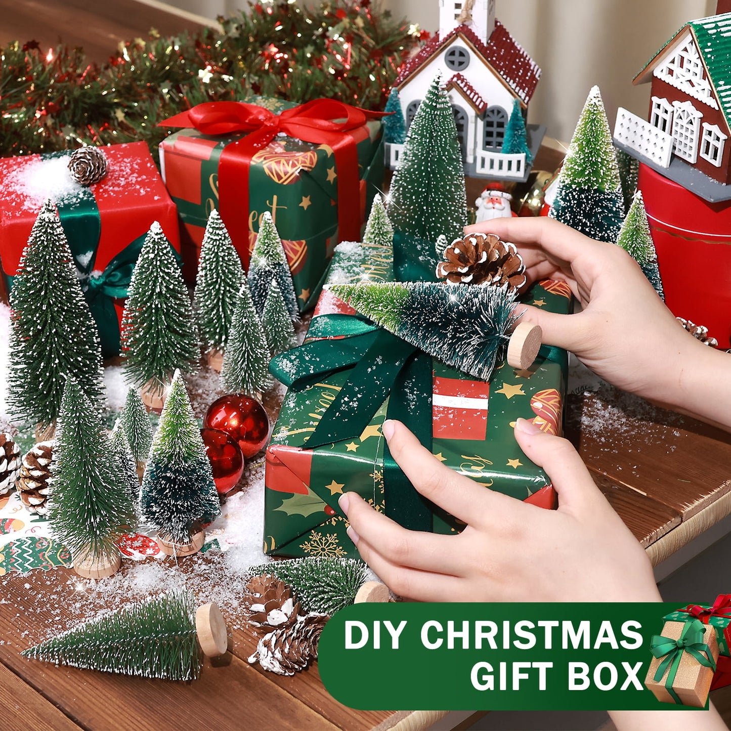 Ayieyill 35Pcs Mini Christmas Trees Bottle Brush Trees with Pine Cone Snow Powder, Christmas Village Sets
