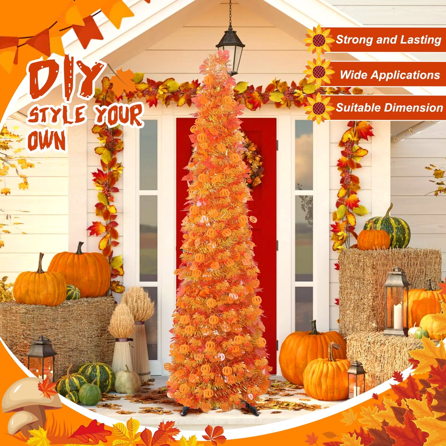 Ayieyill 5Ft Fall Tree Pop up Pencil Tree Collapsible Maple Tree for Indoor Outdoor Thanksgiving Decorations Autumn Harvest