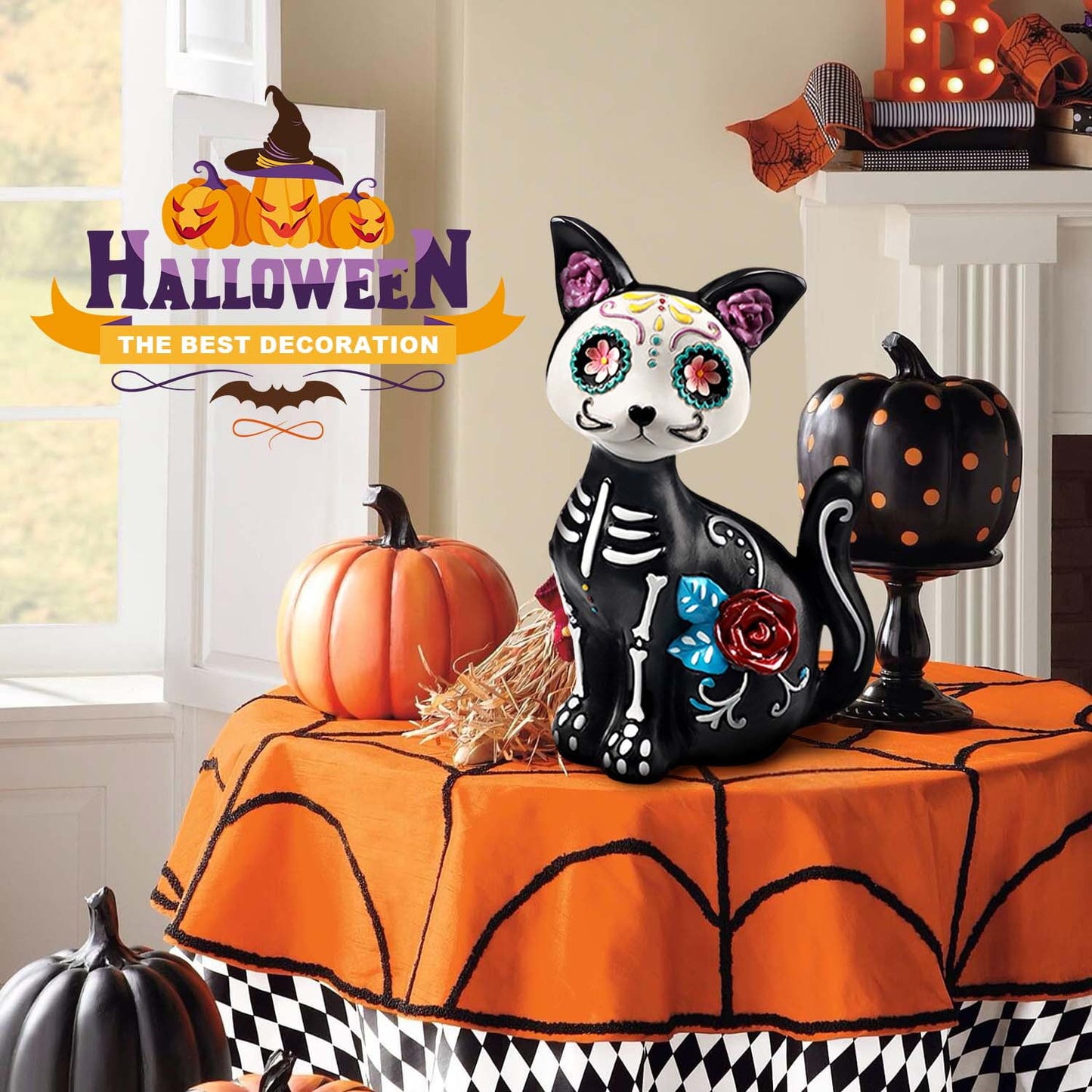 Ayieyill Day of the Dead Cat Figurine, Sugar Skull Halloween Decorations Indoor, Dia de los Muertos Decor