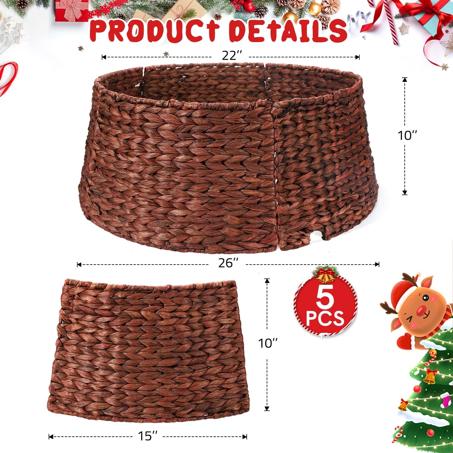 Ayieyill 26in Woven Hyacinth Christmas Tree Collar, Christmas Tree Decorations, Tree Skirt Accessory w/ Cord Cut-Out