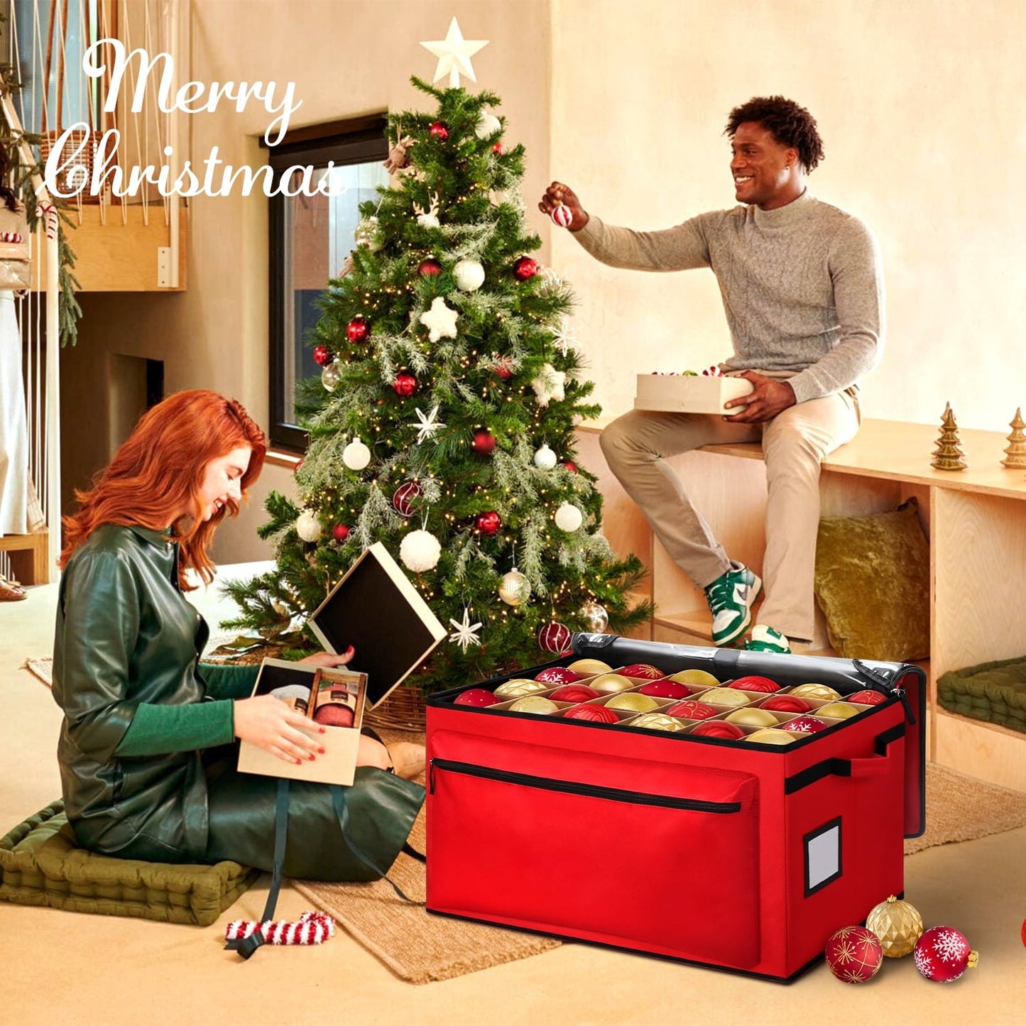 Ayieyill Premium Christmas Ornament Storage Container - Holds Up to 72-4” Ornaments Durable 600D Fabric - Adjustable Dividers - 3 Individual Trays