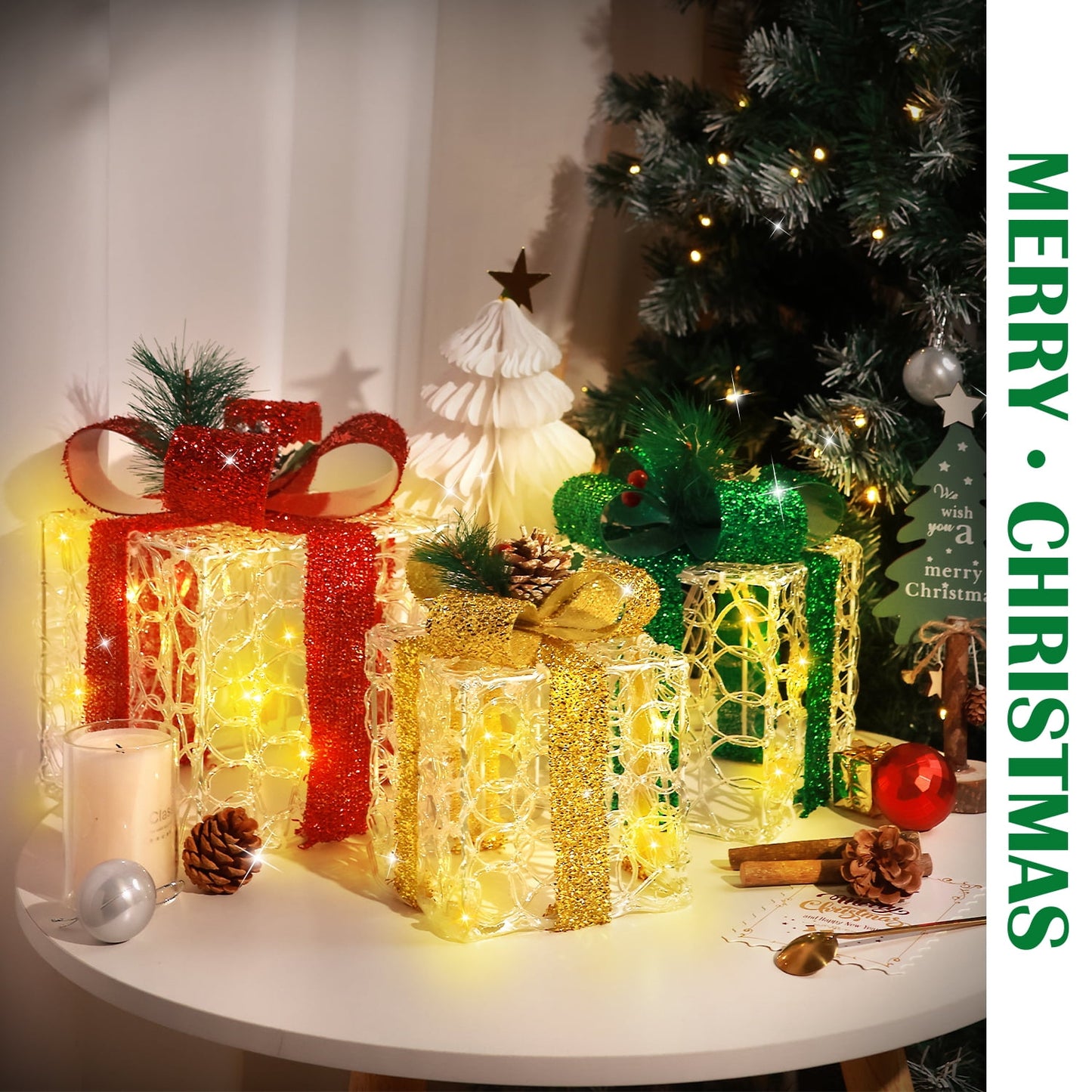 Ayieyill 3 Pcs  Christmas Lighted Gift Boxes, Light up Christmas Present Boxes, Christmas Decorations Indoor