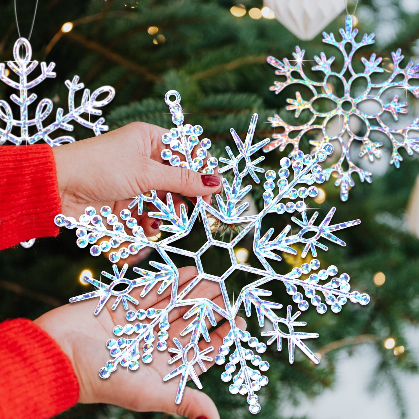 Ayieyill 6pcs Large White Snowflakes Decorations, 12” Big Plastic Glitter Snowflake for Winter Indoor Outdoor Christmas Tree Decorations Giant Craft Snowflakes