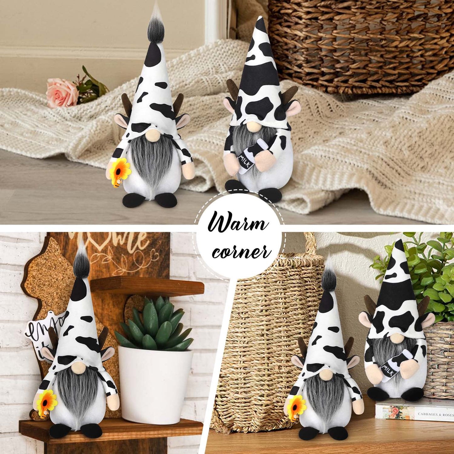 Ayiyeill Farmhouse Cow Swedish Gnomes Gift with Milk Bottle Nodic Plush Dairy Cattle