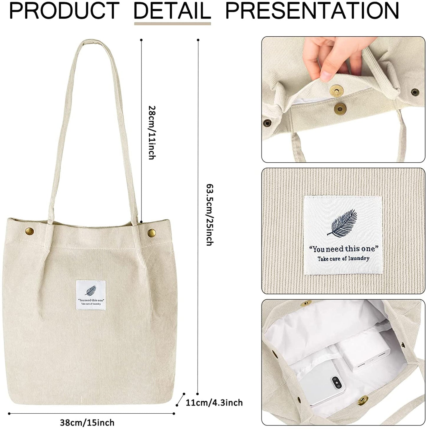 Ayieyill Corduroy Tote Bag Large for Women Girl Lady Canvas Shoulder Cord Purse and Handbags with Inner Pocket