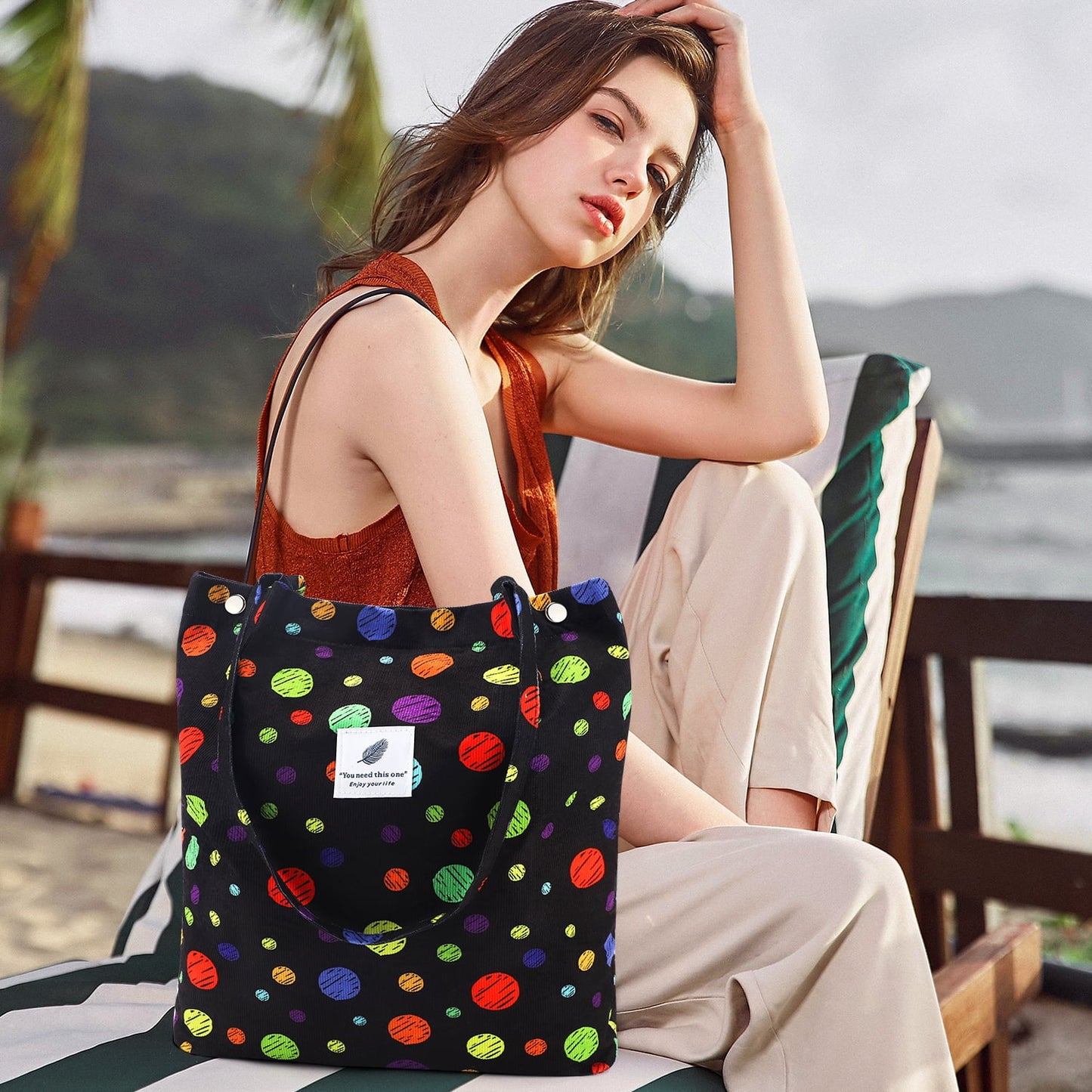 Ayieyill Corduroy Tote Bag Large for Women Girl Lady Canvas Shoulder Cord Purse and Handbags with Inner Pocket
