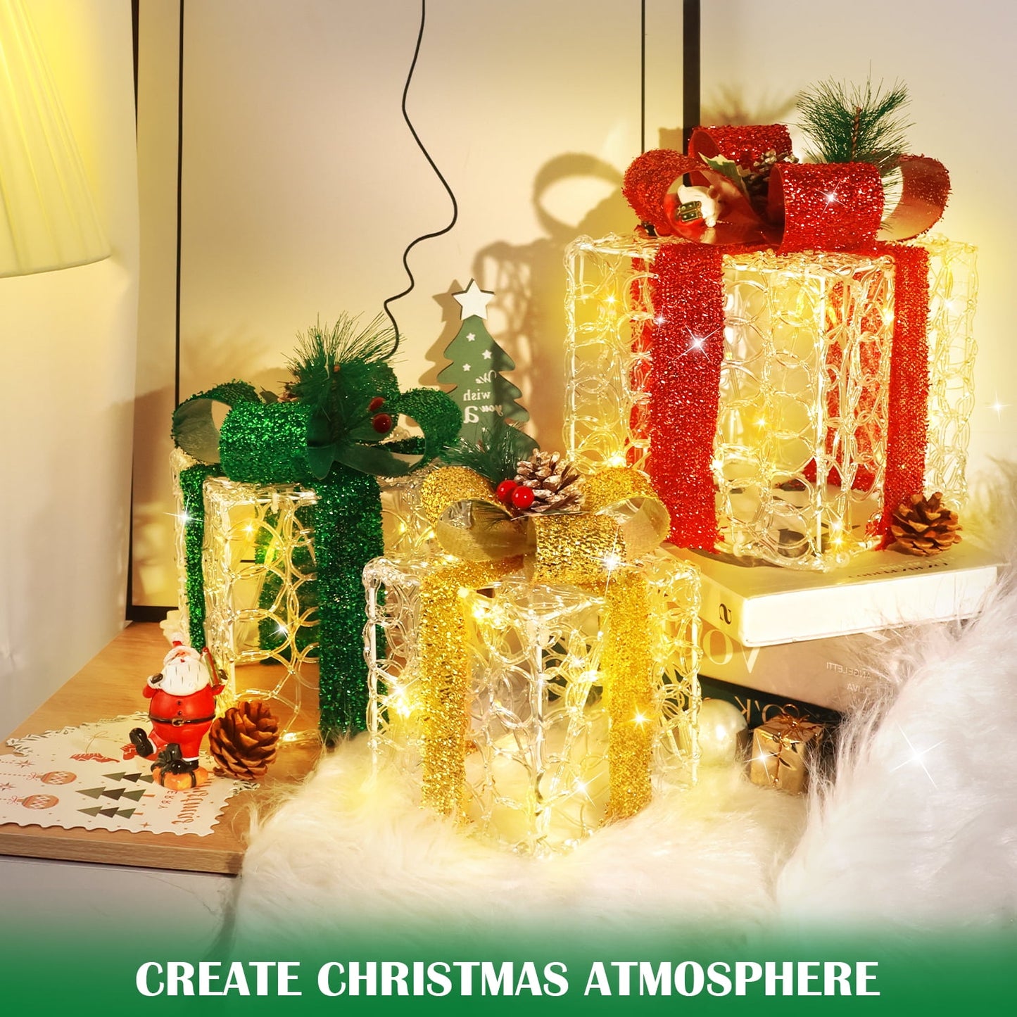 Ayieyill 3 Pcs  Christmas Lighted Gift Boxes, Light up Christmas Present Boxes, Christmas Decorations Indoor