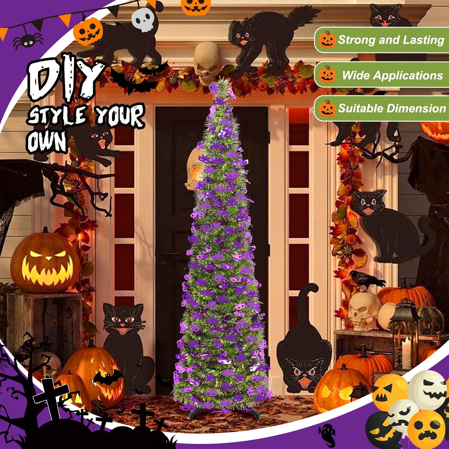 Ayieyill 5ft Halloween Tree Prelit, Pencil Pop up Tree with Light Halloween Decoration | Indoor