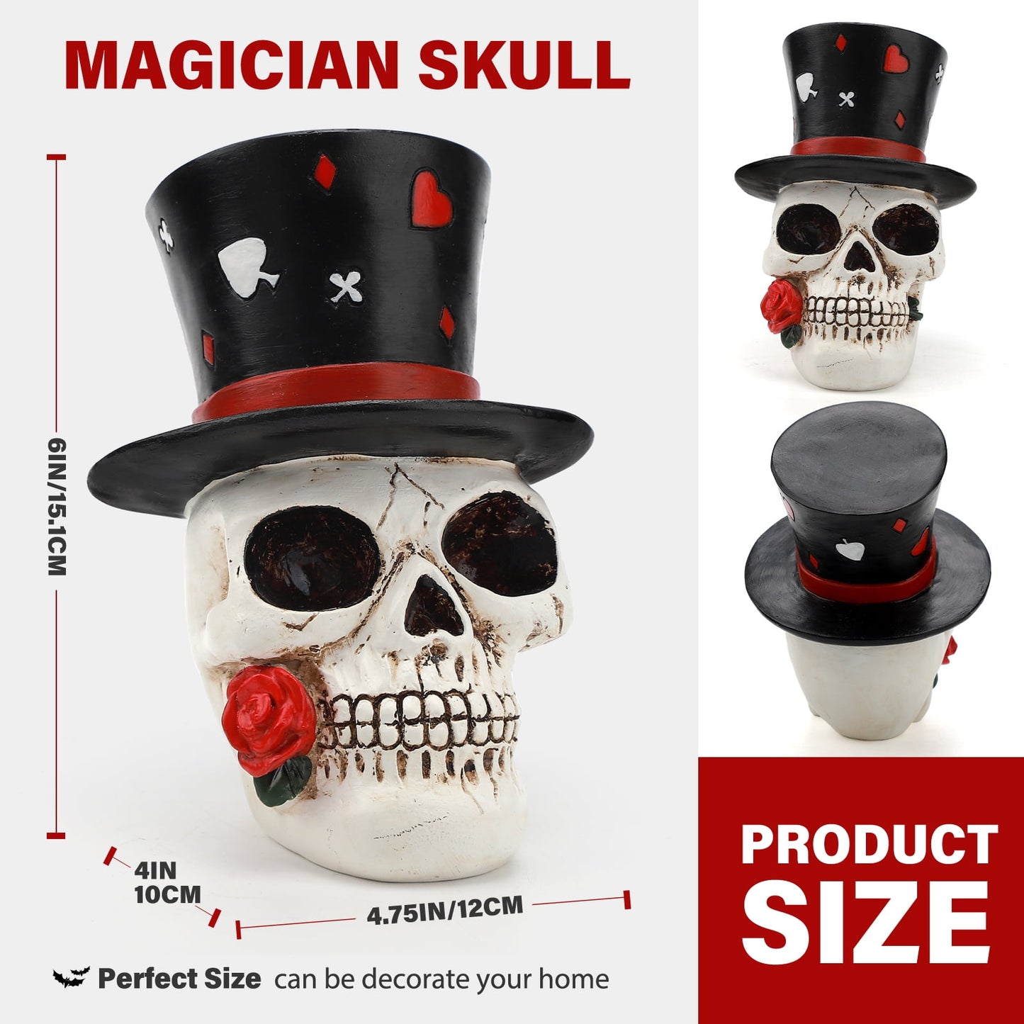 Ayieyill Halloween Skull Decorations Indoor, Gothic Decor Skull  with Top Hat Rose and Playing Cards, Resin Skull Head Decor