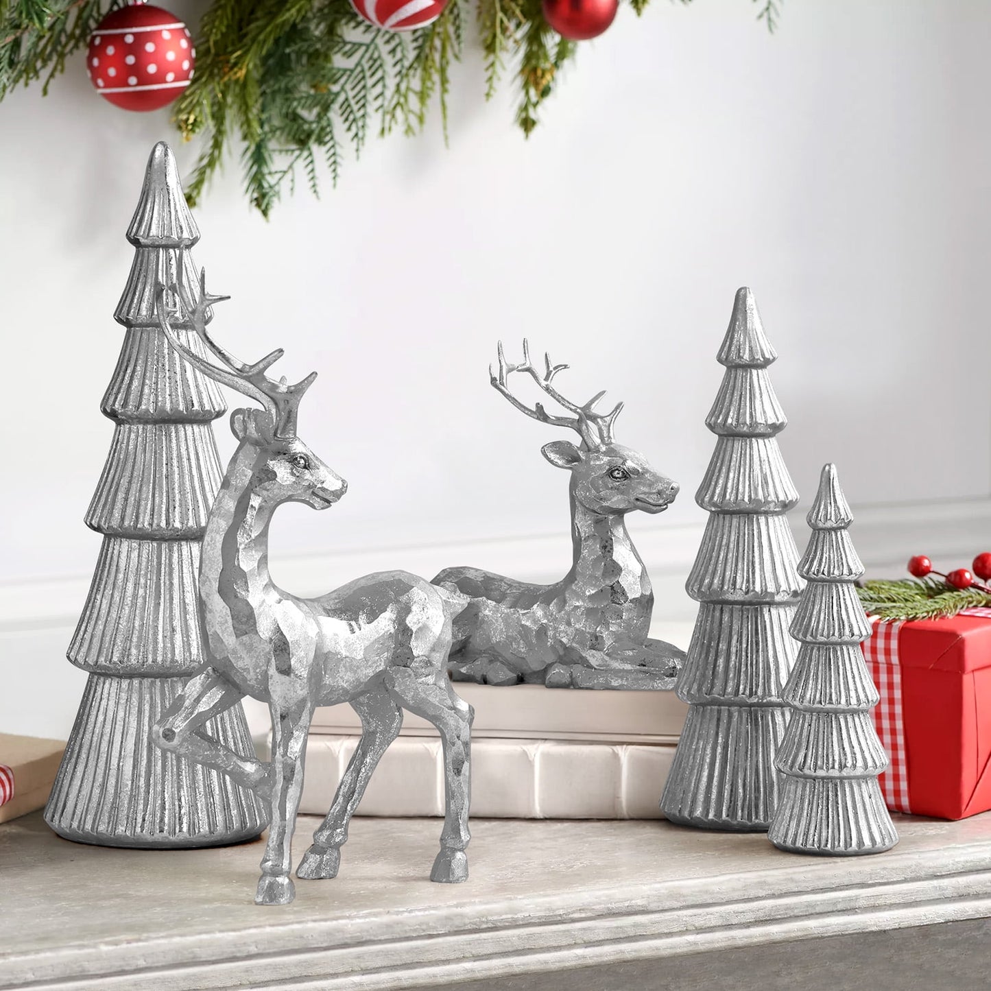 Ayieyill 5PCS Christmas Tree Resin Reindeer Figurines, Tree and Deer Christmas Decor, Deer Decorative Statues Resting Lucky Deer Sculptures(Rose Gold)