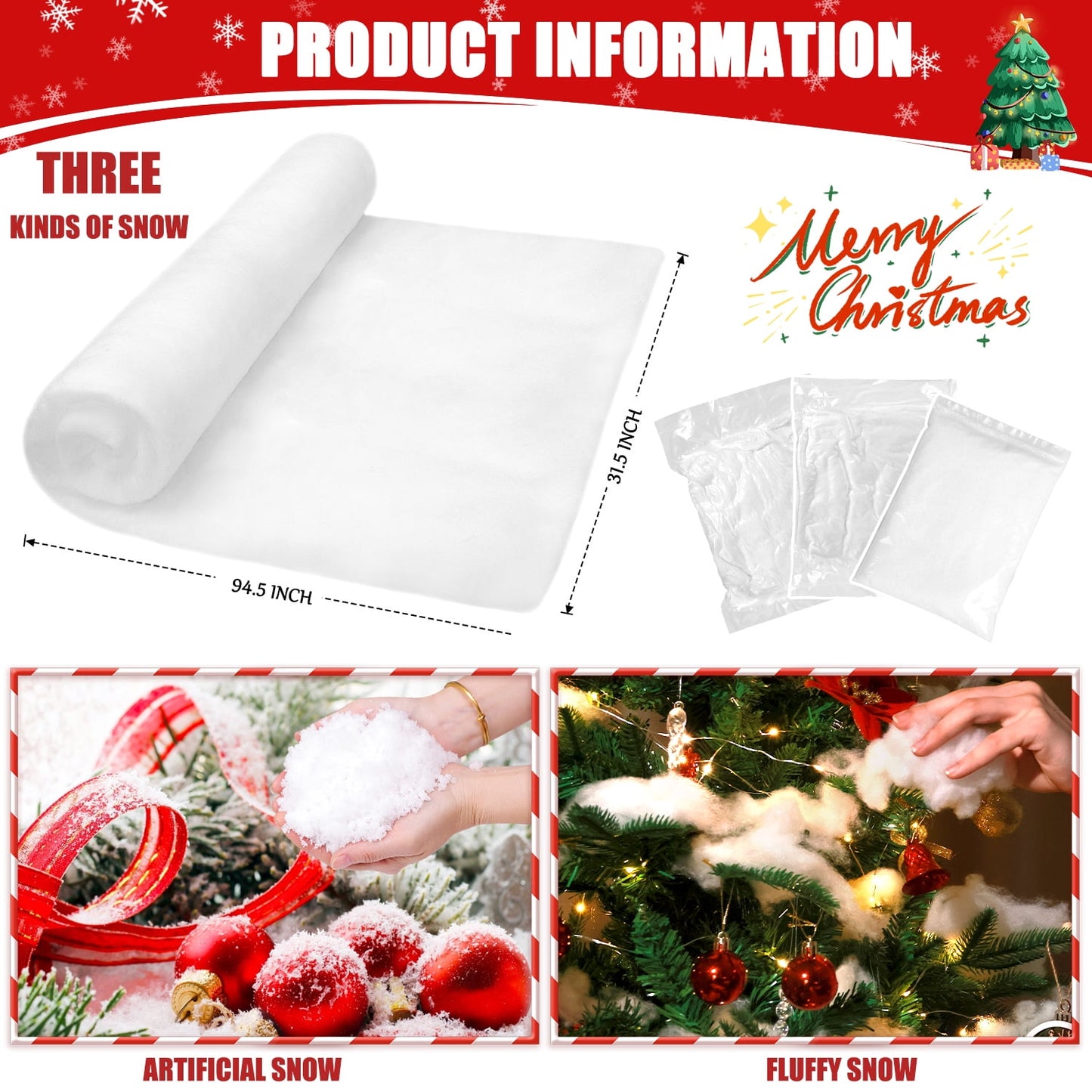 Ayieyill Fake Snow Kits for Christmas (3-Piece Set), Snow Blanket Roll, Cotton-Like Fluffy Snow, Christmas Tree Decorations