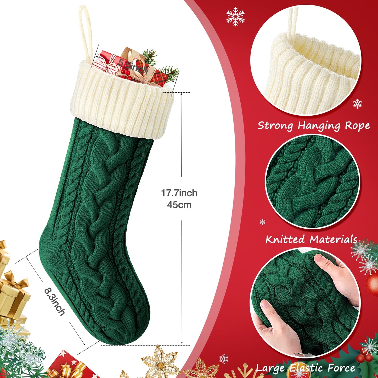Ayieyill 6Pack Christmas Stockings, 17.7Inches Large Knitted Stocking Personalized Xmas Hanging Stocking Decorations with Name Leather Patches for Holiday Christmas Party Family Decor (Green Red)