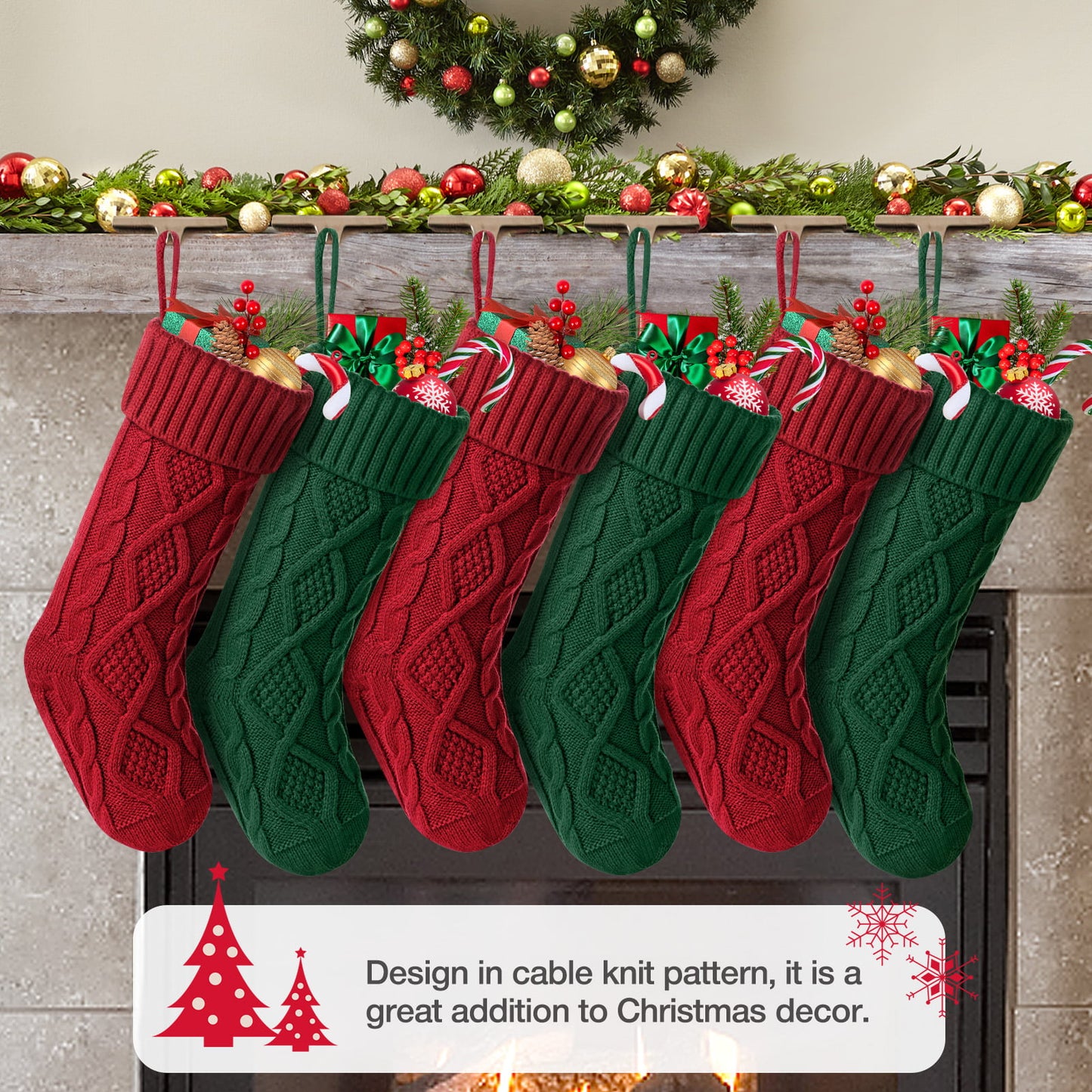 Ayieyill 6 Pcs Christmas Stockings Knitted Xmas Stockings Double-Sided 18 Inches Fireplace Stockings for Family Christmas Decorations