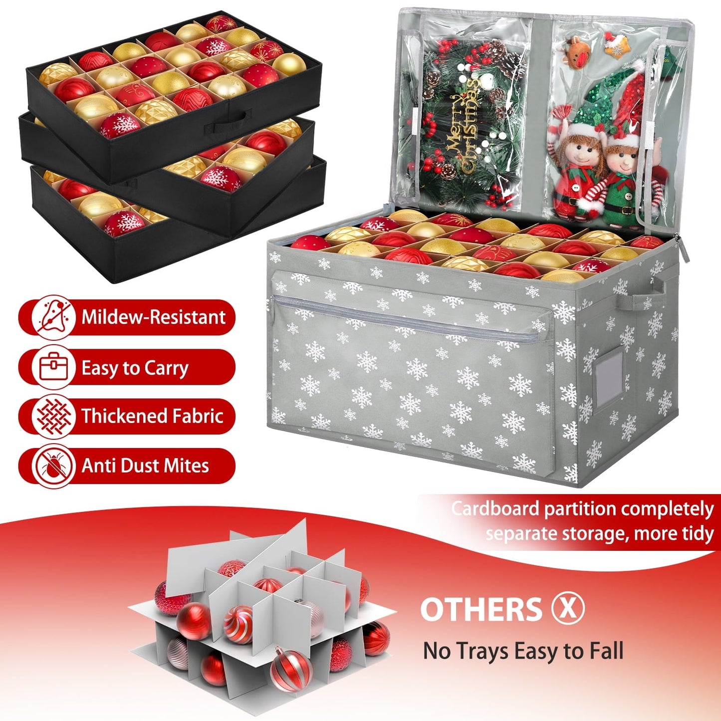 Ayieyill Premium Christmas Ornament Storage Container - Holds Up to 72-4” Ornaments Durable 600D Fabric - Adjustable Dividers - 3 Individual Trays