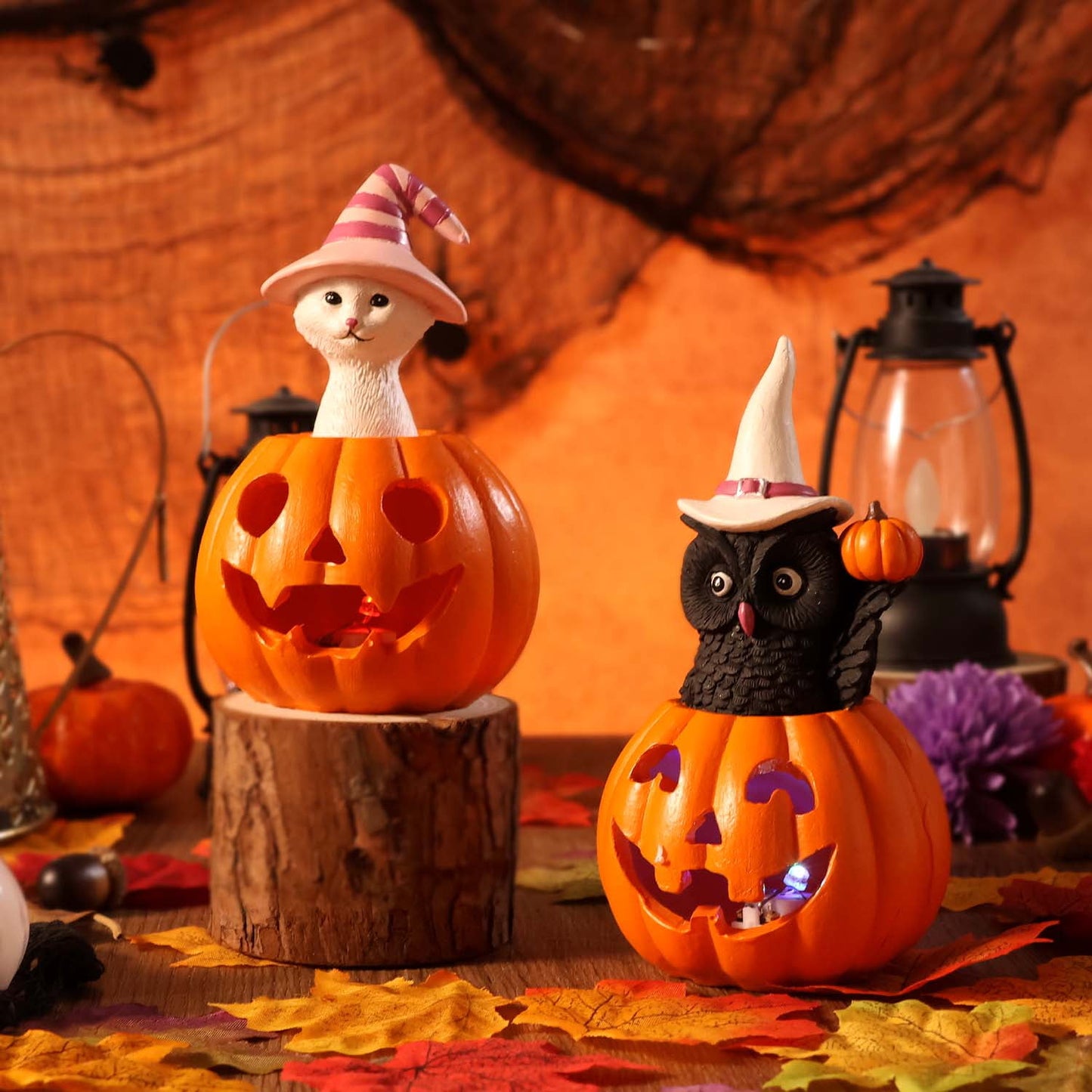 Ayieyill Halloween Figurines Set of 2, Cat and Owl on Pumpkin Decor with LED Lights for Halloween Decorations Indoor