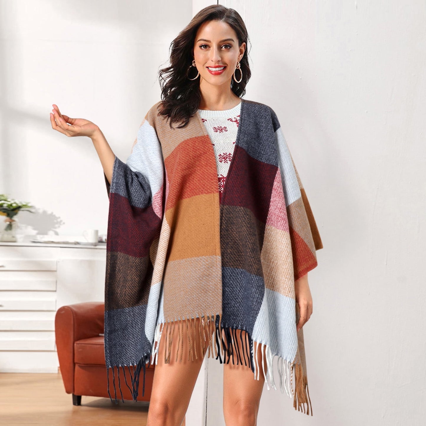 Ayieyill Shawl Wraps for Women Women's Poncho Open Front Boho Knitted Plaid Blanket Scarf Cape