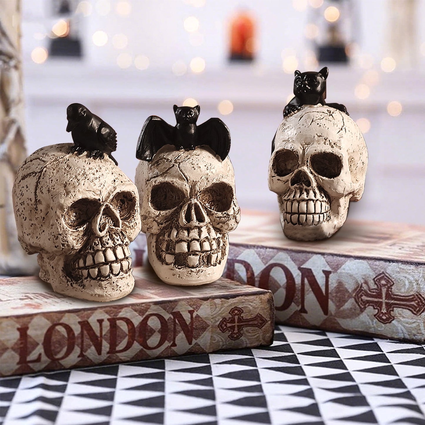 Ayieyill 3pcs Skull Halloween Decorations Indoor Skull Decor Halloween Figurines Cat Bat Raven Skulls Halloween Decor