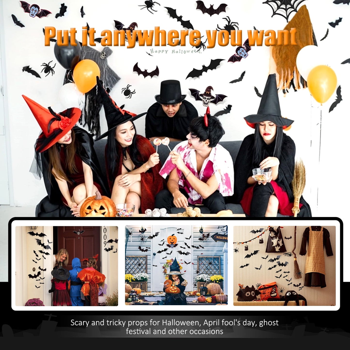 Ayieyill 156PCS Halloween Bats Decoration, 4 Different Sizes Realistic PVC Black 3D Bats Wall Sticker for Halloween Wall Decals Halloween Party Supplies