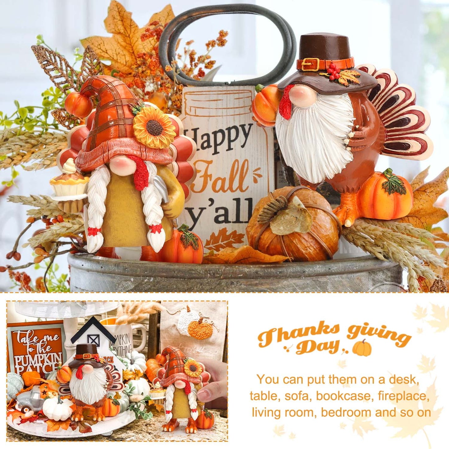 Ayieyill Thanksgiving Gnome Figurines, Turkey Thanksgiving Decorations, 2 Pcs, Resin