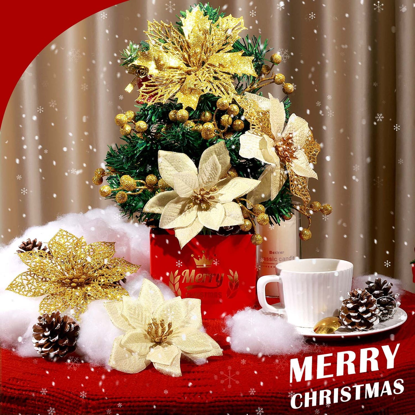 Ayieyill 56Pcs Poinsettia Christmas Flowers Decorations Christmas Flower Ornaments