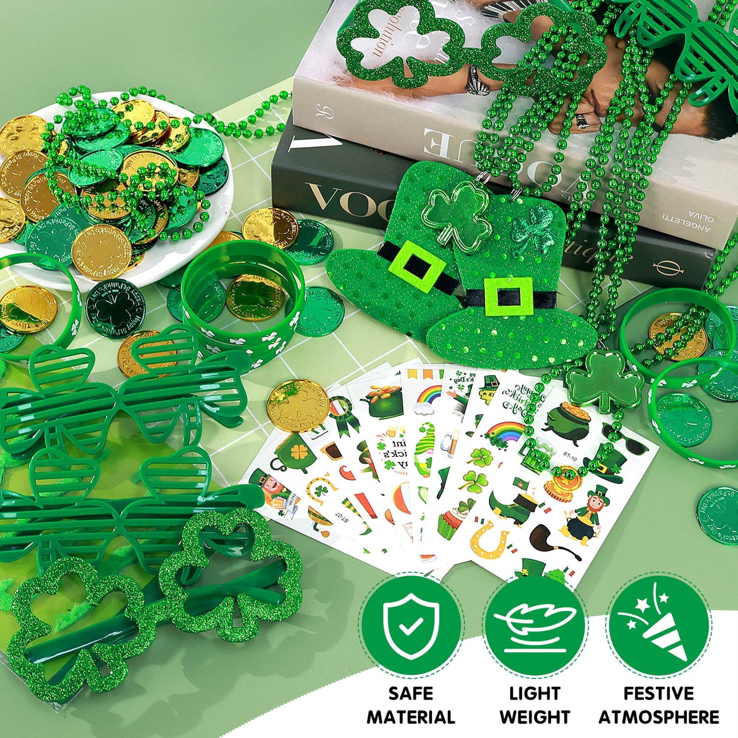 Ayieyill 196 Pcs St. Patrick's Day Party Favors Set, Green Shamrock Necklaces Sunglasses, Bracelets Temporary Tattoos Mustaches Coins