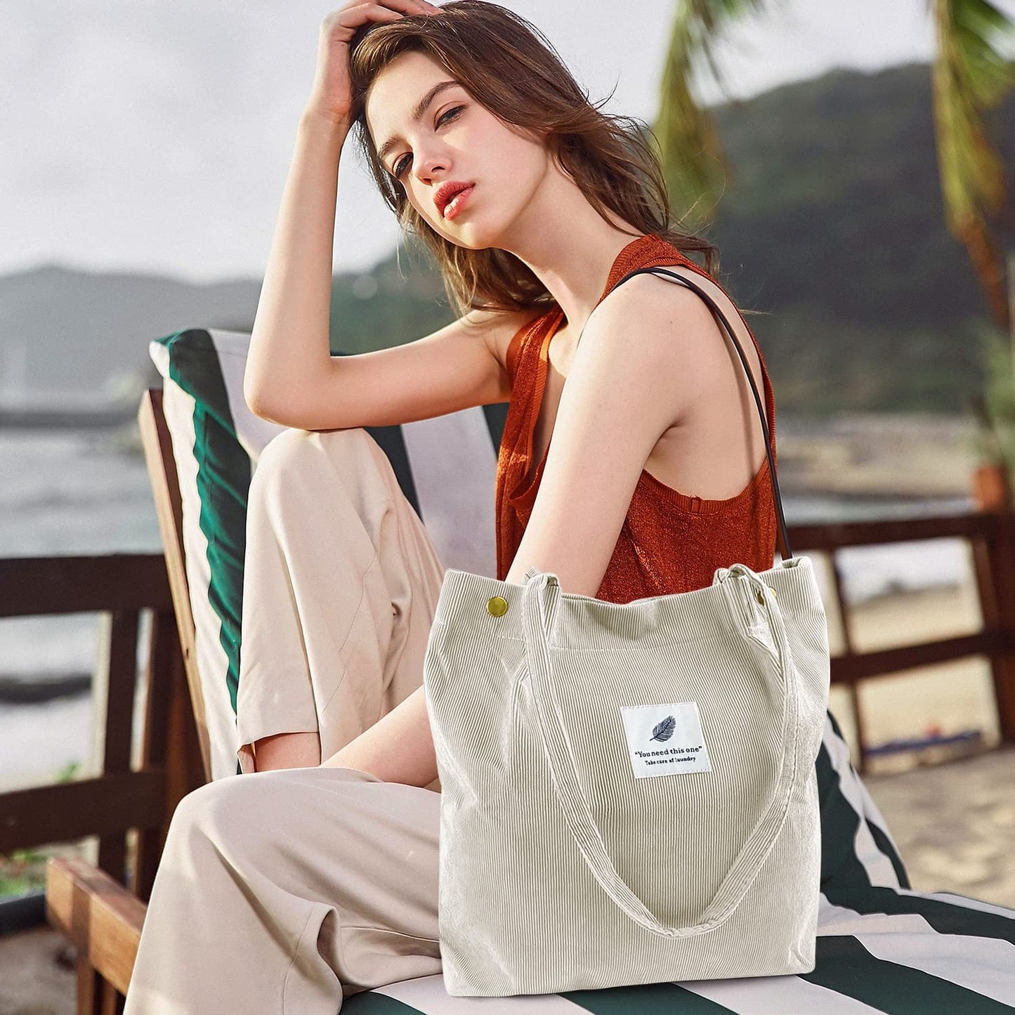Ayieyill Corduroy Tote Bag Large for Women Girl Lady Canvas Shoulder Cord Purse and Handbags with Inner Pocket