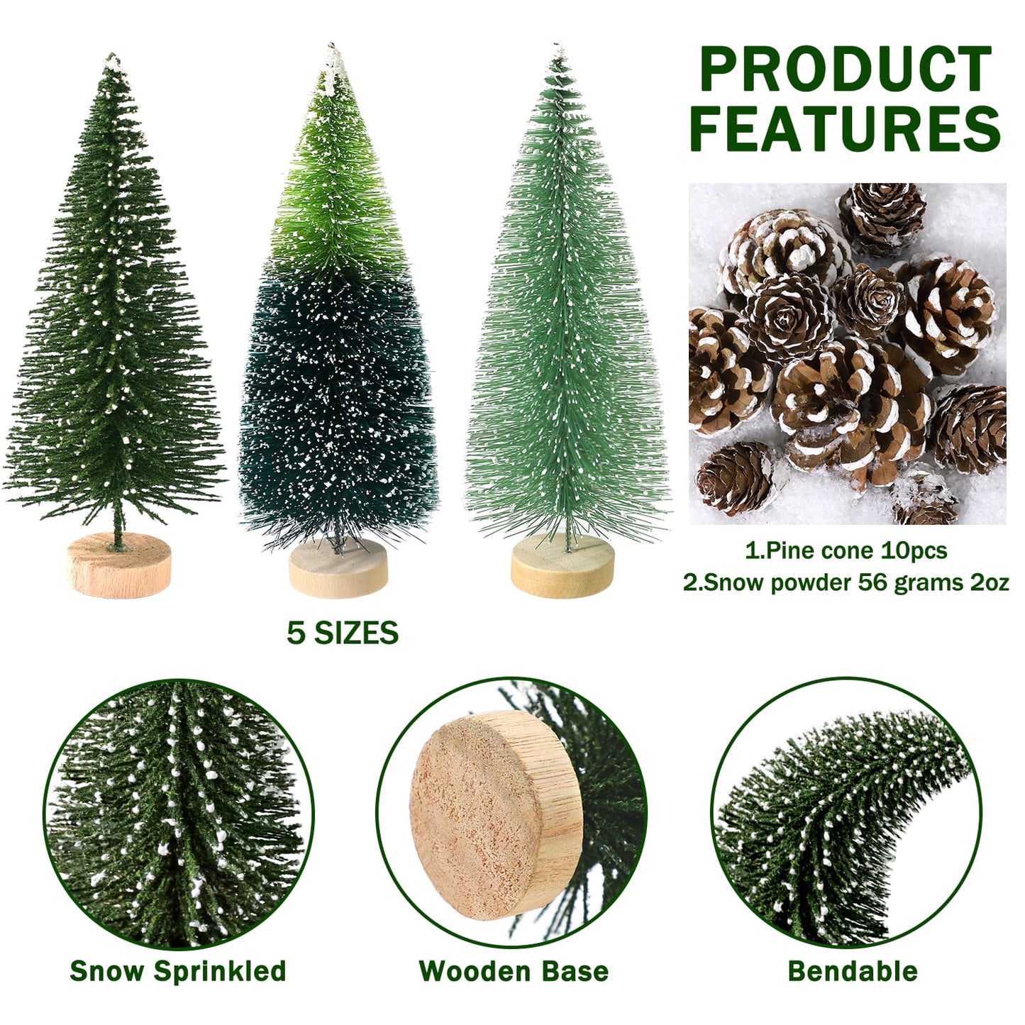 Ayieyill 35Pcs Mini Christmas Trees Bottle Brush Trees with Pine Cone Snow Powder, Christmas Village Sets