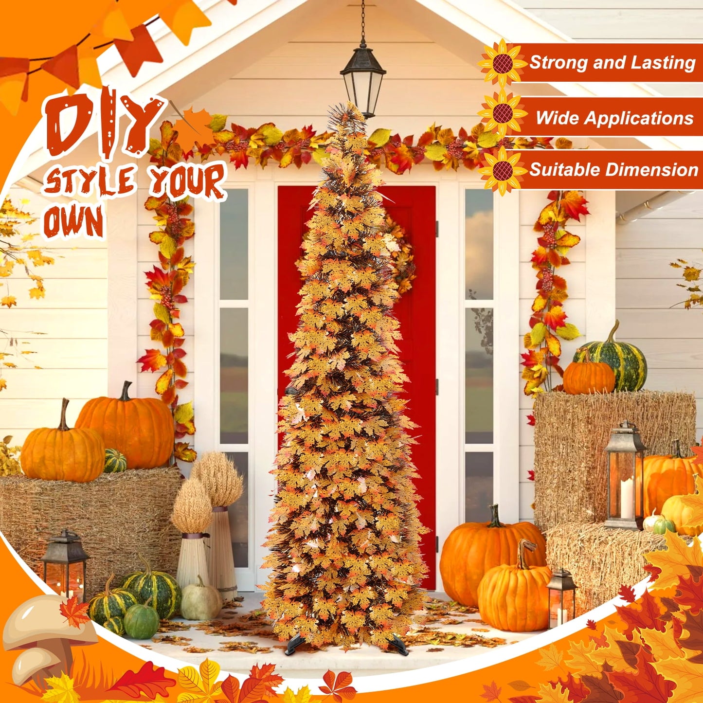 Ayieyill 5Ft Fall Tree Pop up Pencil Tree Collapsible Maple Tree for Indoor Outdoor Thanksgiving Decorations Autumn Harvest