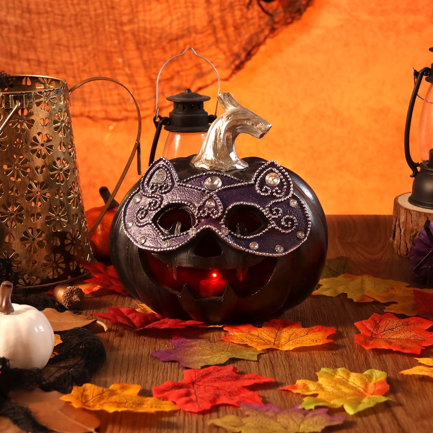 Ayieyill Halloween Pumpkin Decorations Light Up Pumpkin Figurine with Mask Halloween Decor for Home, Red